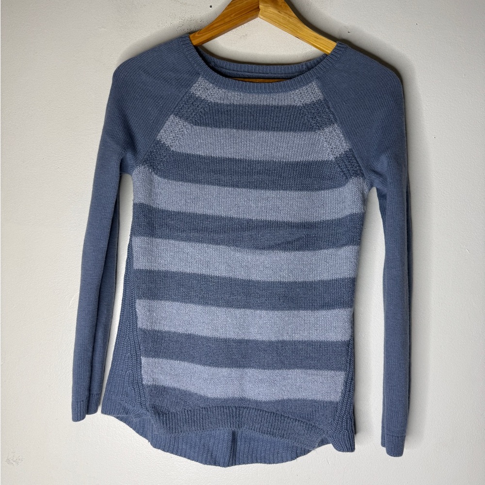 Loft Wool Blend Blue Stripe Sweater Raglan Sleeve Shrittail Hem XXSP